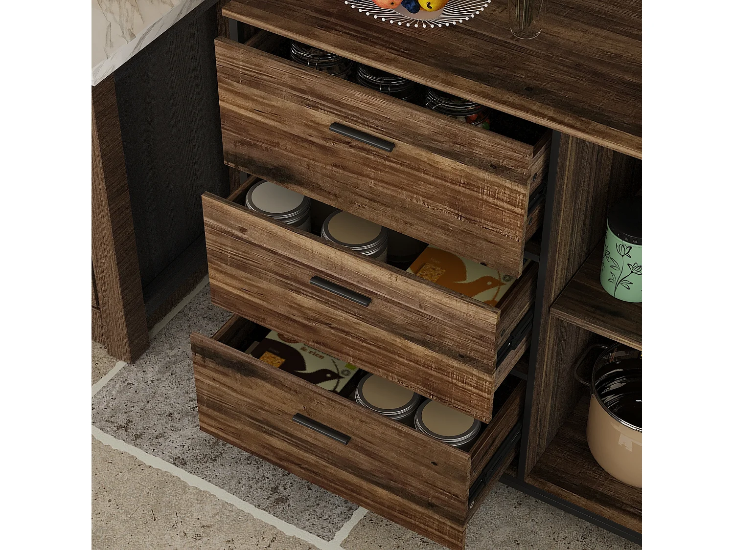 Buffet de Cuisine avec 2 Portes en Métal et 3 Tiroirs et Compartiments, Armoire de Cuisine avec Aspect du Bois, 100x40x175, Marron