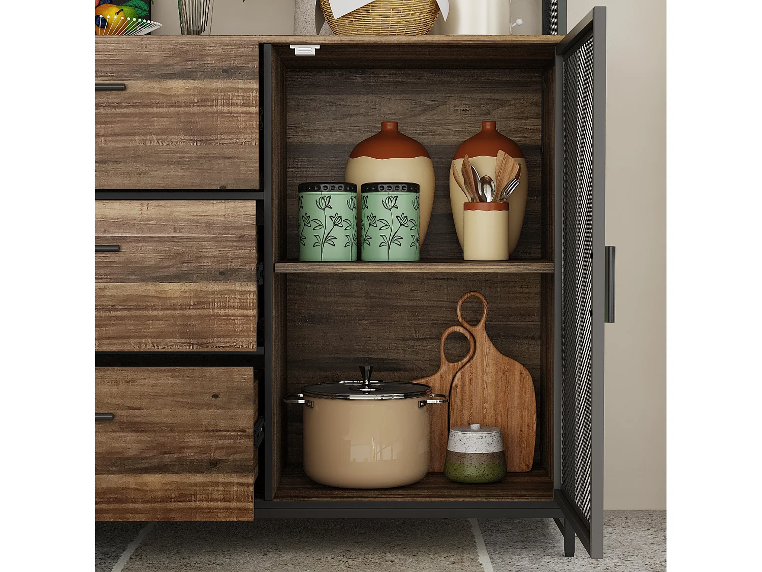 Buffet de Cuisine avec 2 Portes en Métal et 3 Tiroirs et Compartiments, Armoire de Cuisine avec Aspect du Bois, 100x40x175, Marron