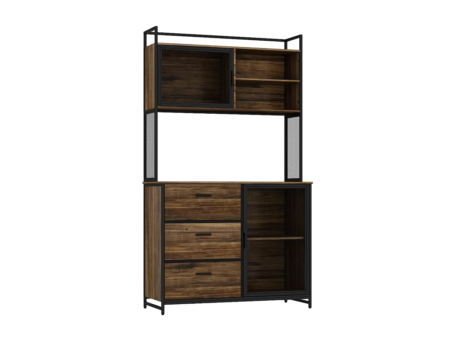 Buffet de Cuisine avec 2 Portes en Métal et 3 Tiroirs et Compartiments, Armoire de Cuisine avec Aspect du Bois, 100x40x175, Marron