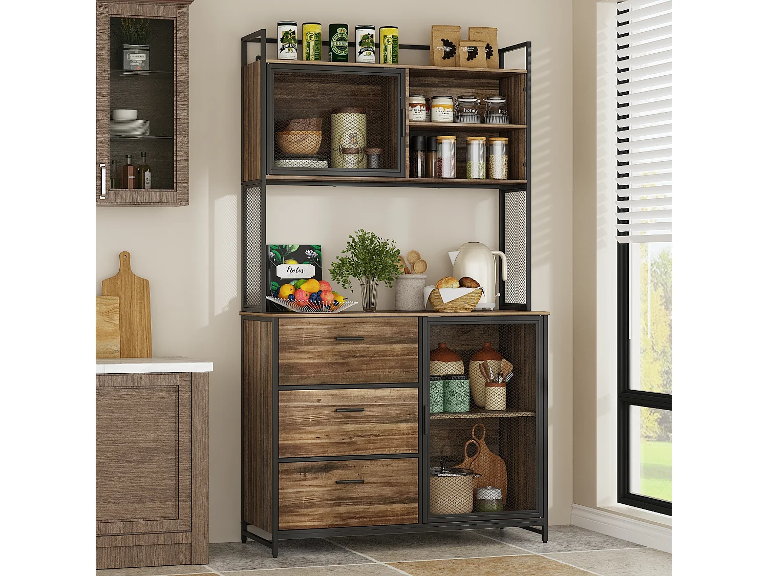 Buffet de Cuisine avec 2 Portes en Métal et 3 Tiroirs et Compartiments, Armoire de Cuisine avec Aspect du Bois, 100x40x175, Marron