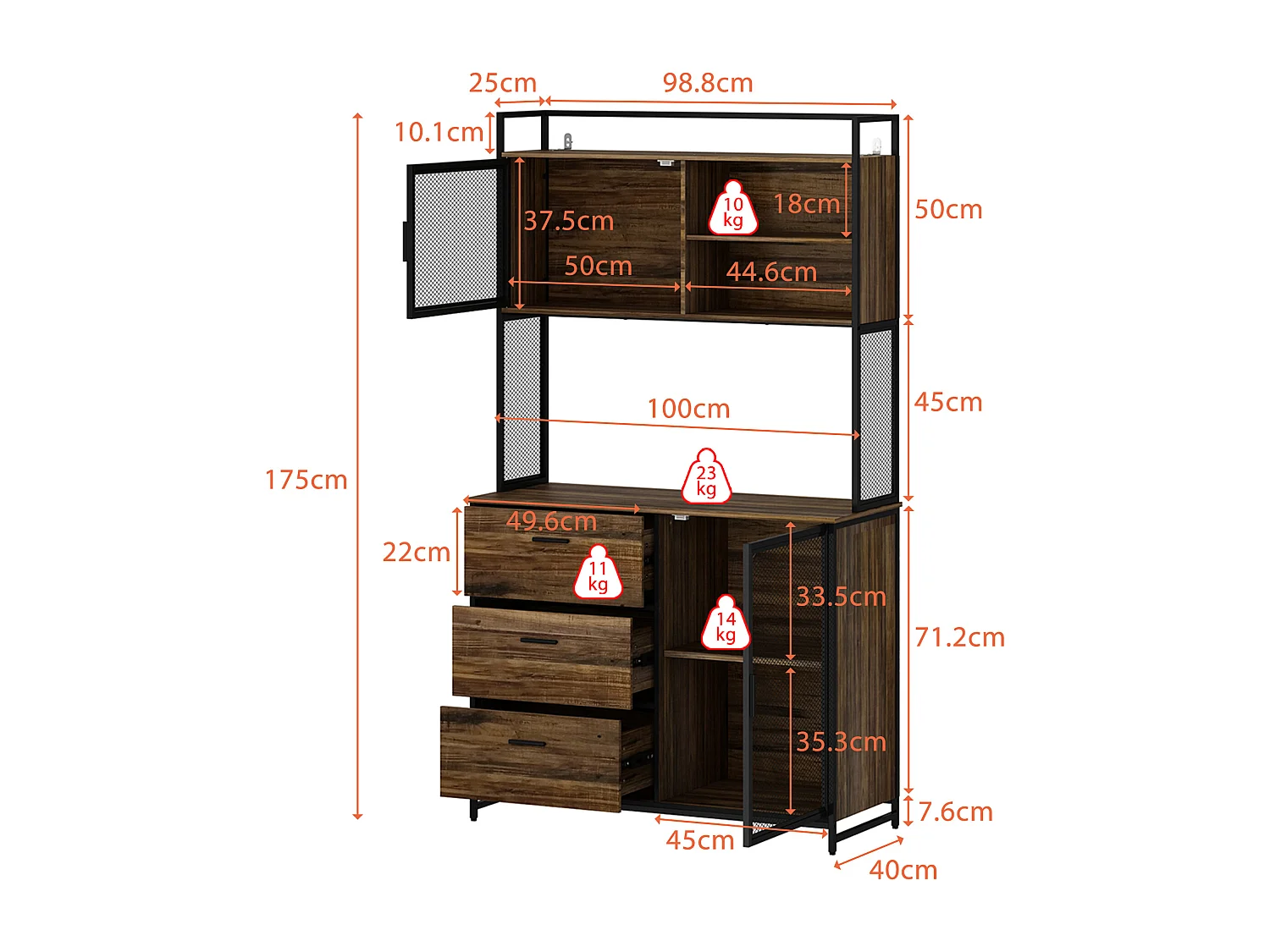 Buffet de Cuisine avec 2 Portes en Métal et 3 Tiroirs et Compartiments, Armoire de Cuisine avec Aspect du Bois, 100x40x175, Marron