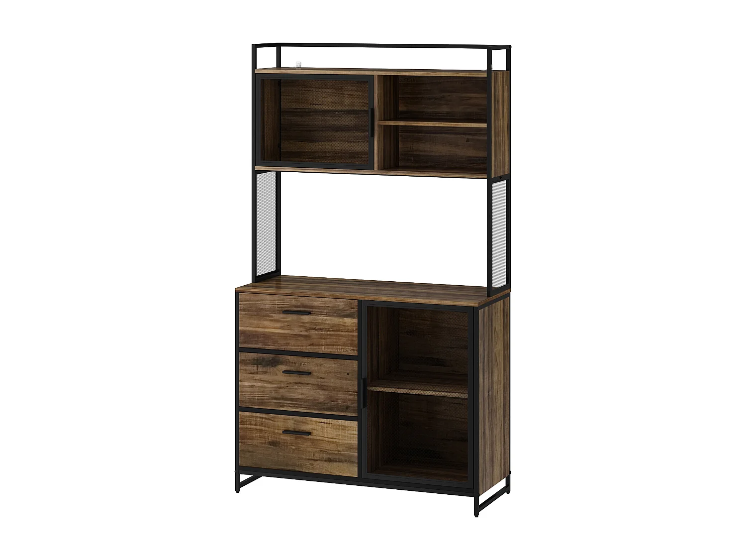 Buffet de Cuisine avec 2 Portes en Métal et 3 Tiroirs et Compartiments, Armoire de Cuisine avec Aspect du Bois, 100x40x175, Marron