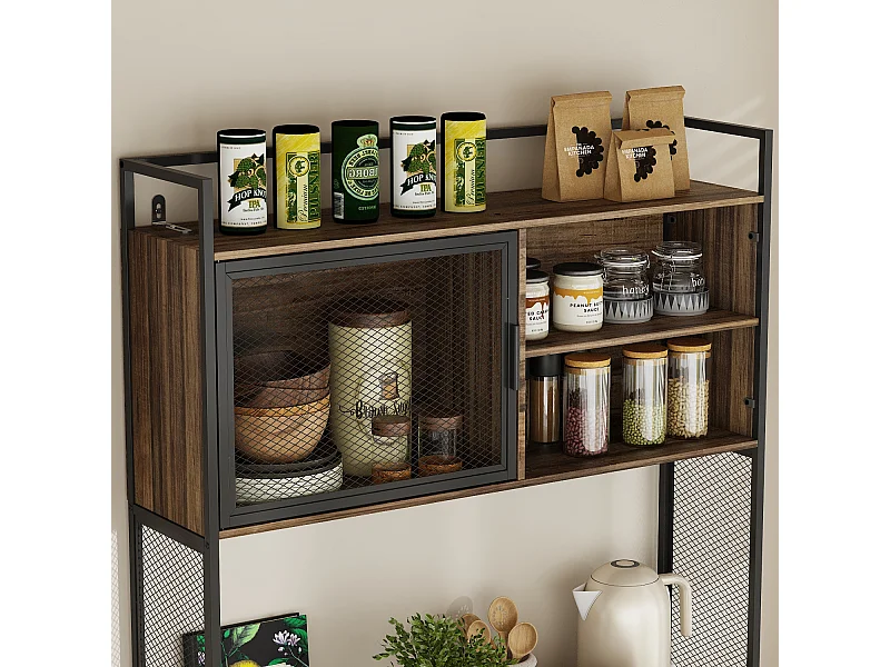 Buffet de Cuisine avec 2 Portes en Métal et 3 Tiroirs et Compartiments, Armoire de Cuisine avec Aspect du Bois, 100x40x175, Marron