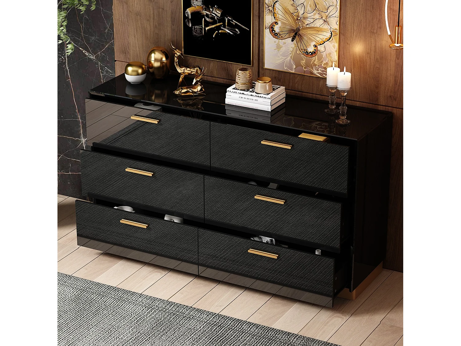 Commode Noir brillante avec 6 tiroirs Poignées en métal Commode moderne Chambre Salon Bureau 140x40x80cm Noir