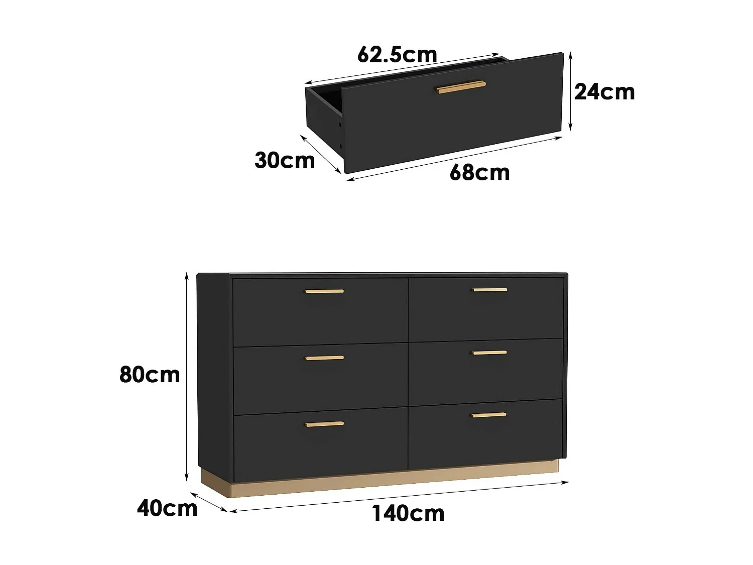Commode Noir brillante avec 6 tiroirs Poignées en métal Commode moderne Chambre Salon Bureau 140x40x80cm Noir