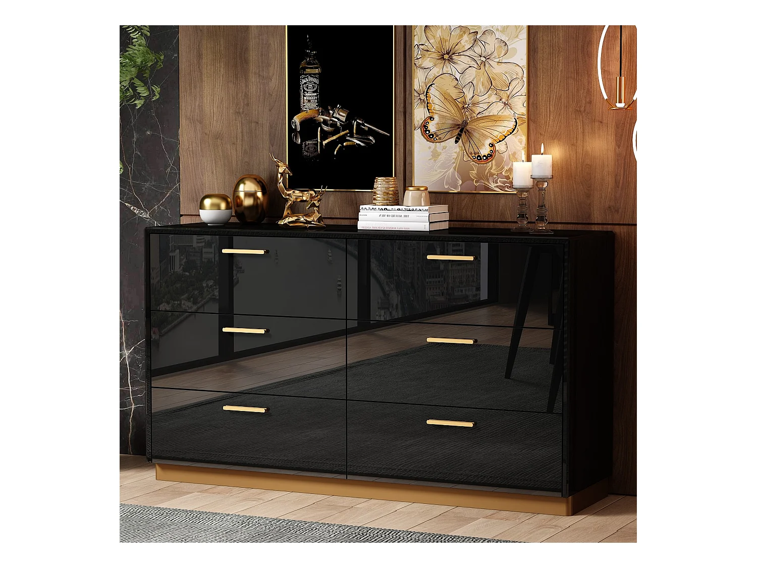 Zwart glanzende ladekast met 6 laden Metalen handgrepen Moderne ladekast Slaapkamer Woonkamer Kantoor 140x40x80cm Zwart