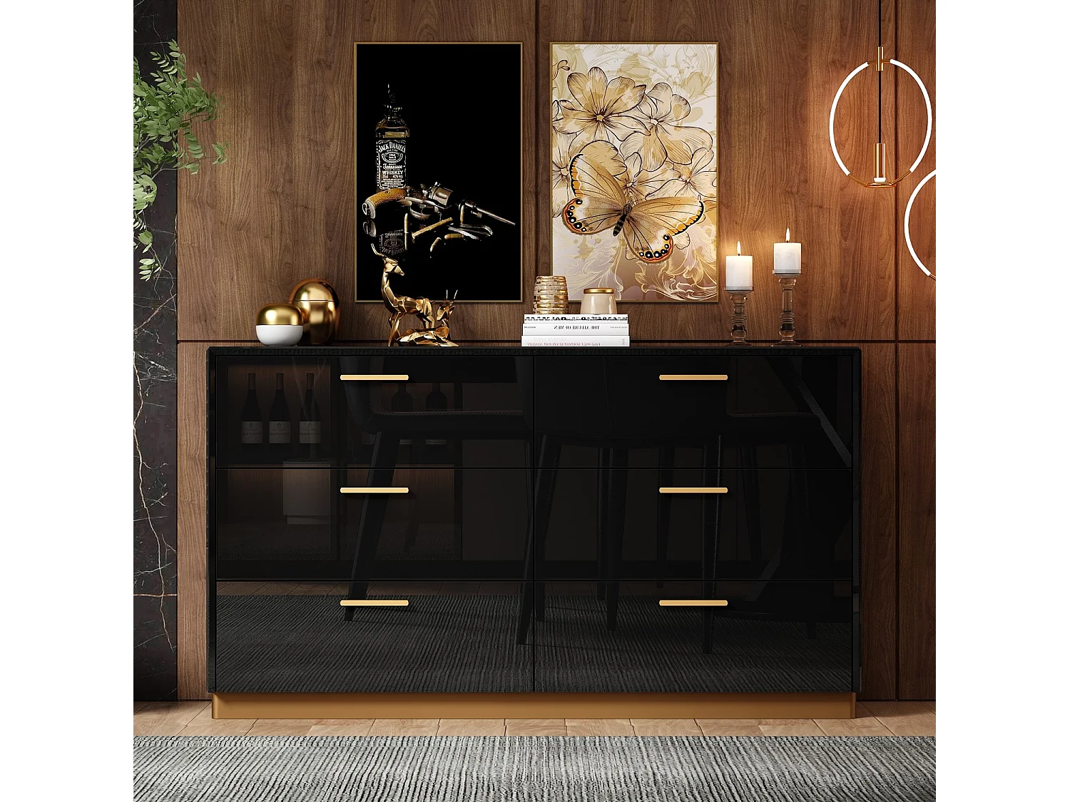 Commode Noir brillante avec 6 tiroirs Poignées en métal Commode moderne Chambre Salon Bureau 140x40x80cm Noir