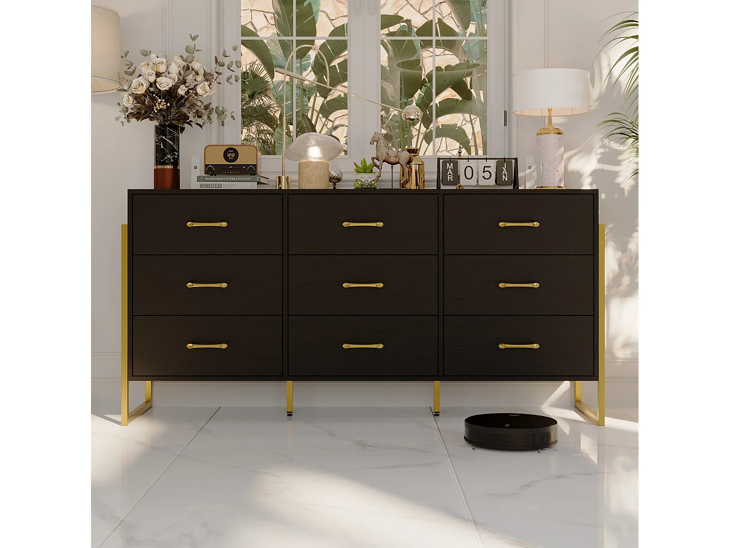 Commode chambre moderne avec 9 Tiroirs Salon Chambre 156x40x76cm Noir