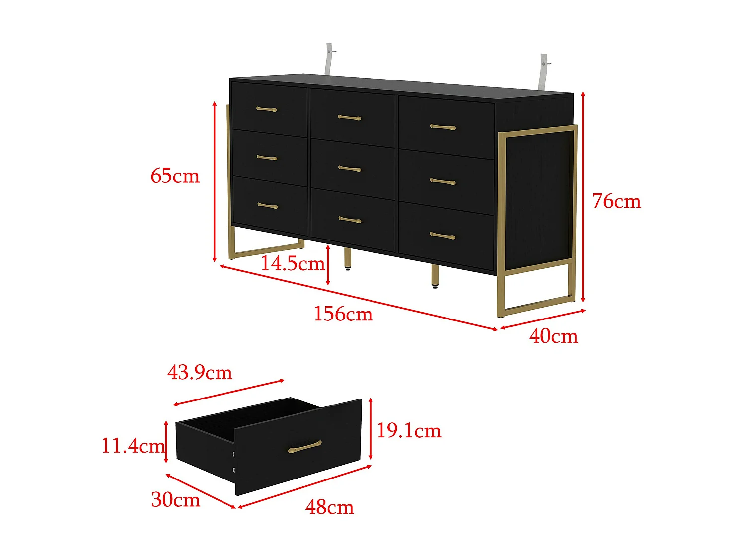 Commode chambre moderne avec 9 Tiroirs Salon Chambre 156x40x76cm Noir