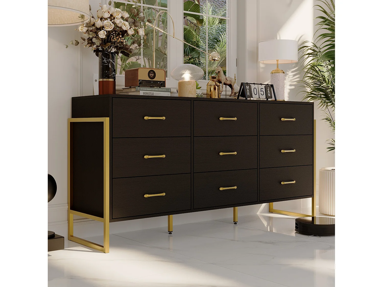 Commode chambre moderne avec 9 Tiroirs Salon Chambre 156x40x76cm Noir