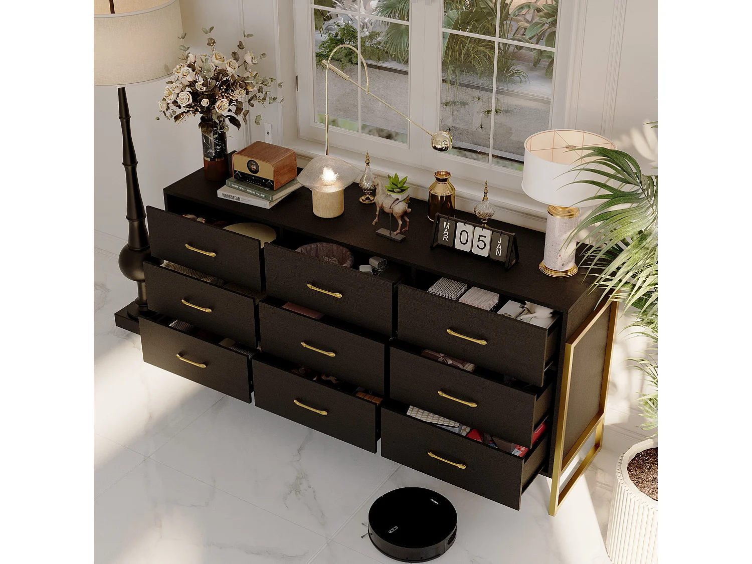 Commode chambre moderne avec 9 Tiroirs Salon Chambre 156x40x76cm Noir