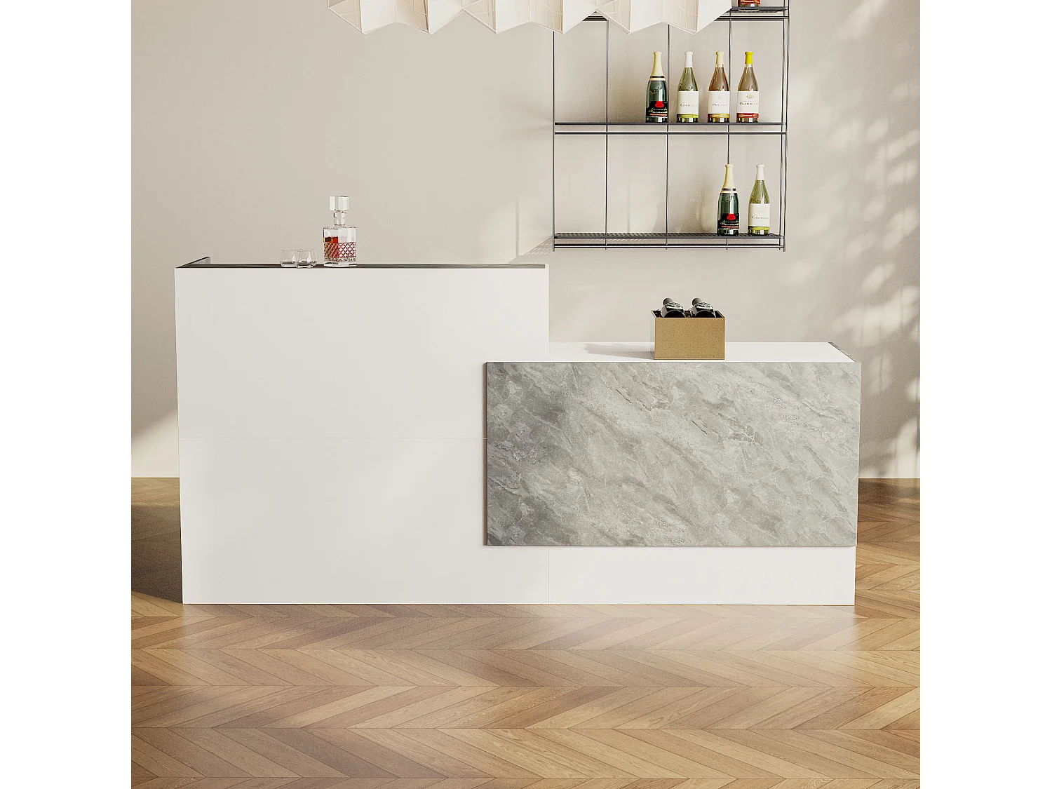 Bureau de réception Comptoir de réception - compartiment ouverts - étagères, 220x60x110, blanc et marbré
