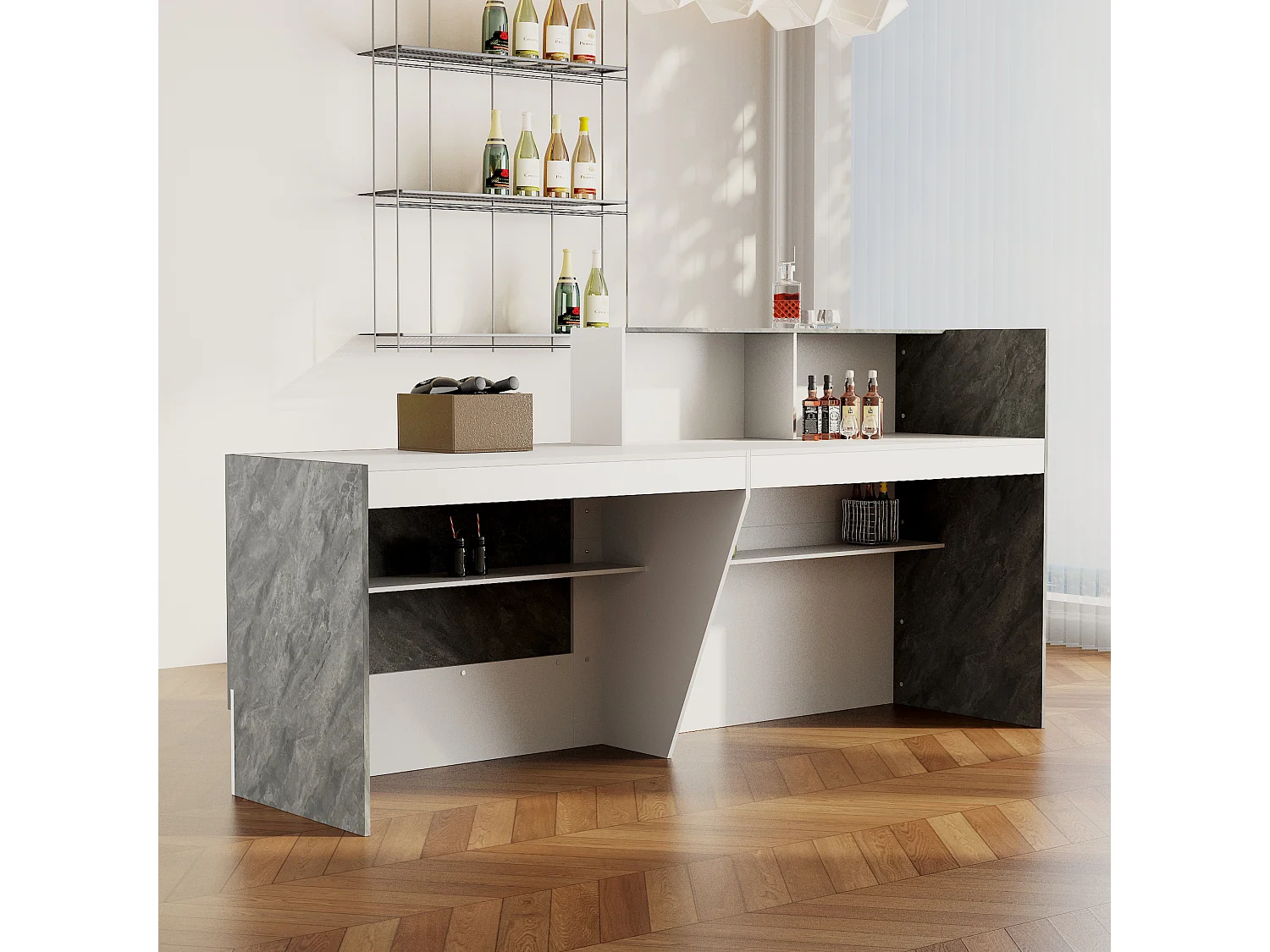 Bureau de réception Comptoir de réception - compartiment ouverts - étagères, 220x60x110, blanc et marbré