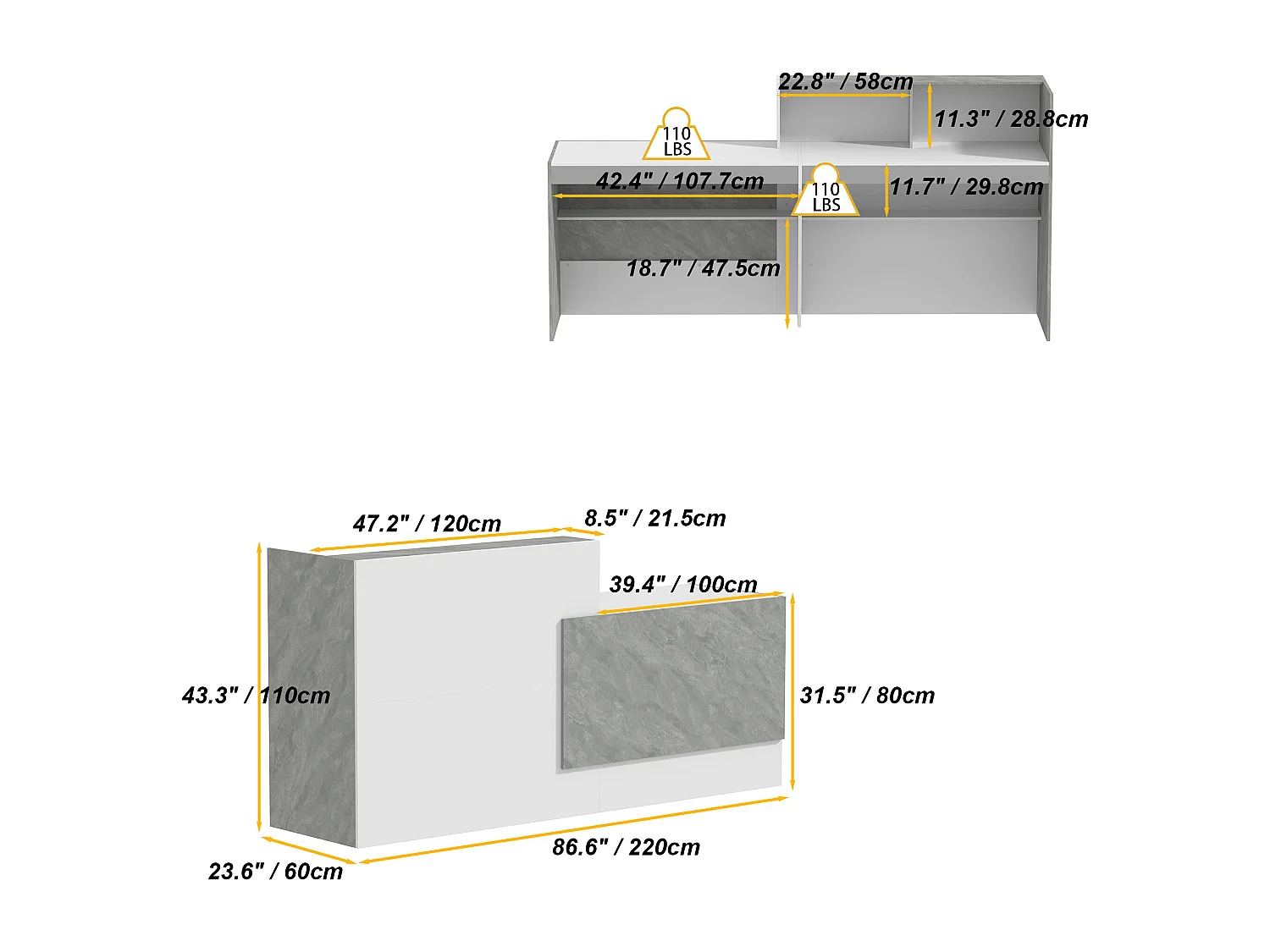 Bureau de réception Comptoir de réception - compartiment ouverts - étagères, 220x60x110, blanc et marbré