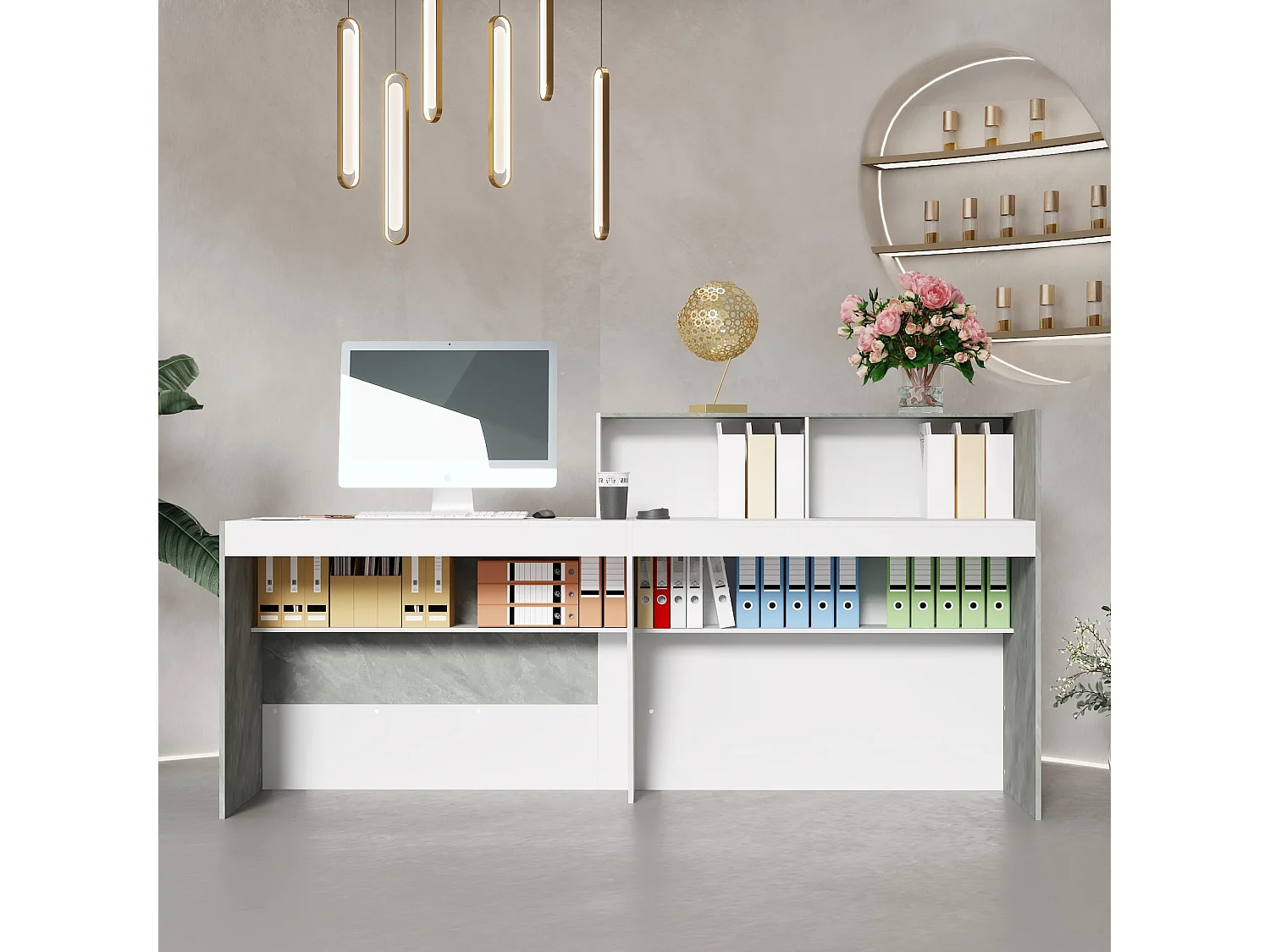 Bureau de réception Comptoir de réception - compartiment ouverts - étagères, 220x60x110, blanc et marbré