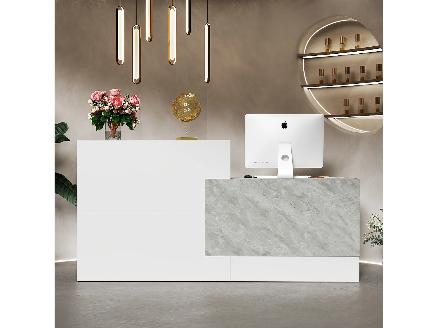 Bureau de réception Comptoir de réception - compartiment ouverts - étagères, 220x60x110, blanc et marbré