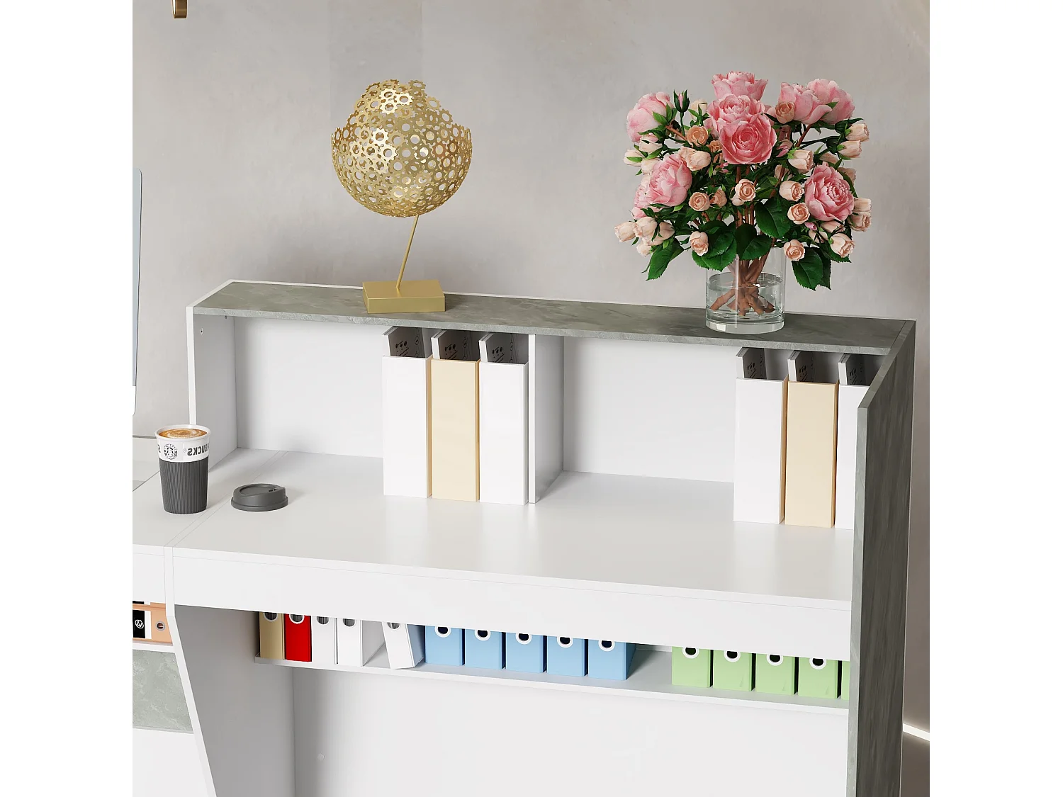 Bureau de réception Comptoir de réception - compartiment ouverts - étagères, 220x60x110, blanc et marbré