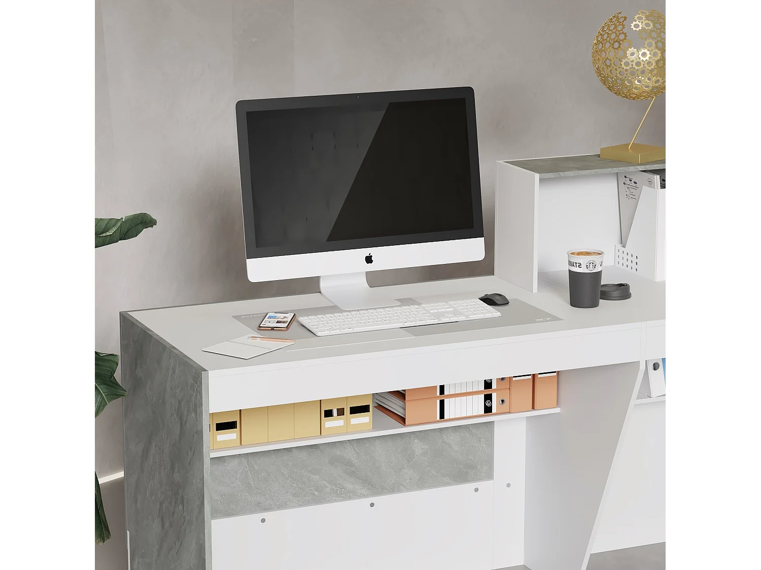 Bureau de réception Comptoir de réception - compartiment ouverts - étagères, 220x60x110, blanc et marbré