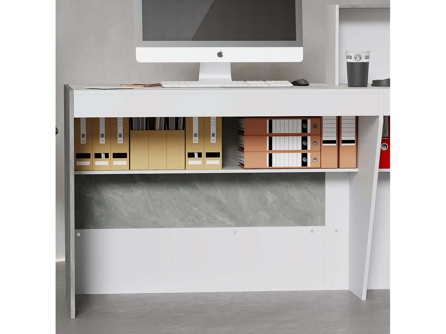Bureau de réception Comptoir de réception - compartiment ouverts - étagères, 220x60x110, blanc et marbré