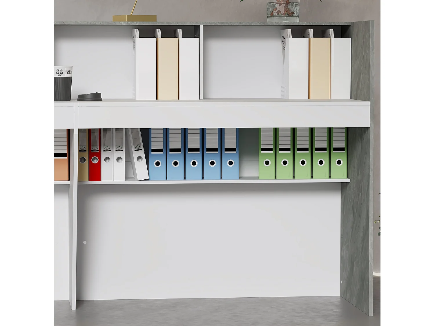 Bureau de réception Comptoir de réception - compartiment ouverts - étagères, 220x60x110, blanc et marbré