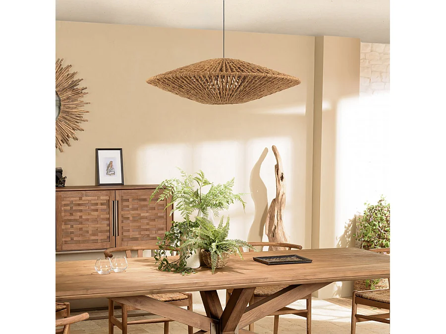 SIXTINE - Suspension 'cymbale' 100x100cm en bois teck recyclé / rotin