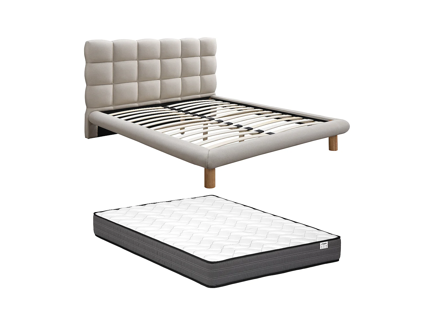Lit avec tête de lit matelassée 140 x 190 cm - Tissu - Beige + Matelas - FUDALI