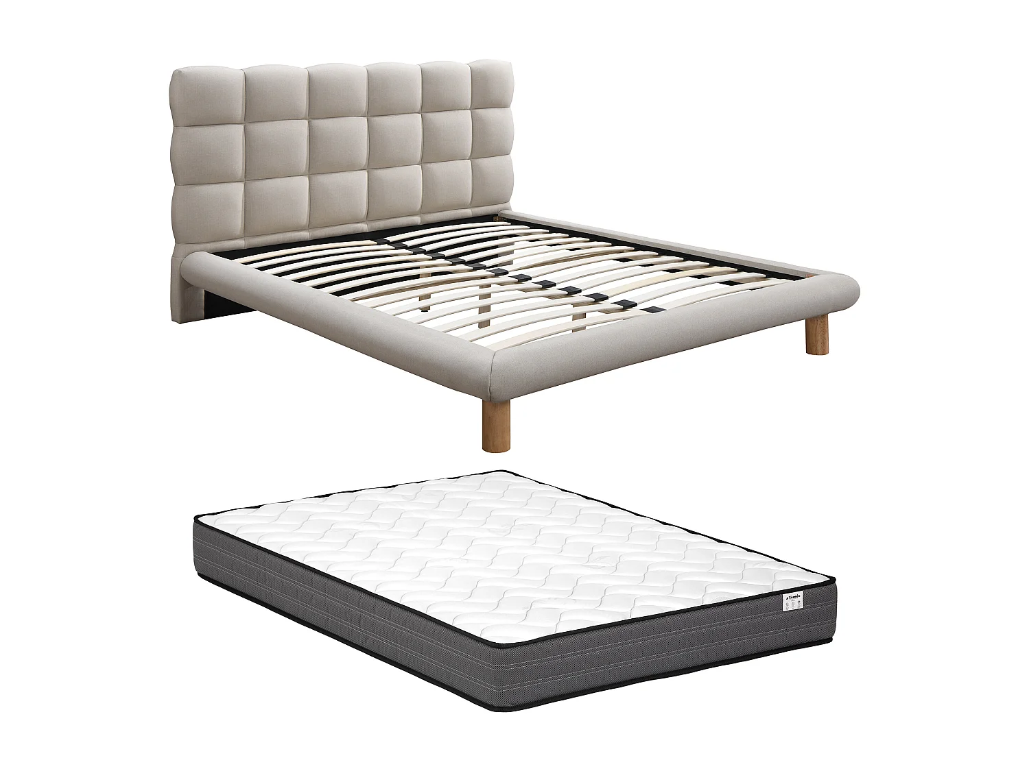 Letto con testata trapuntata 160 x 200 cm Tessuto Beige + Materasso  - FUDALI