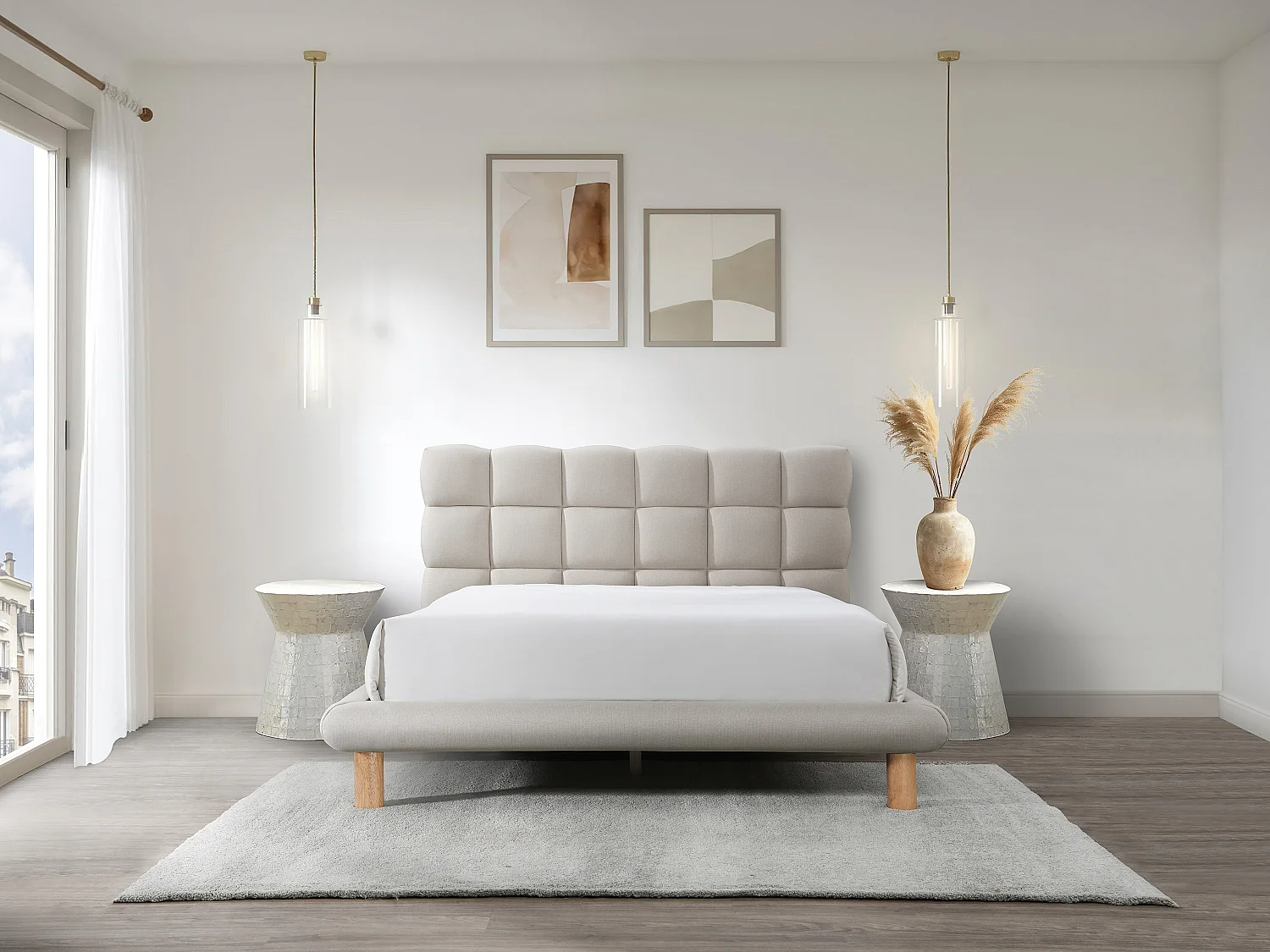 Lit avec tête de lit matelassée 180 x 200 cm - Tissu - Beige + Matelas - FUDALI