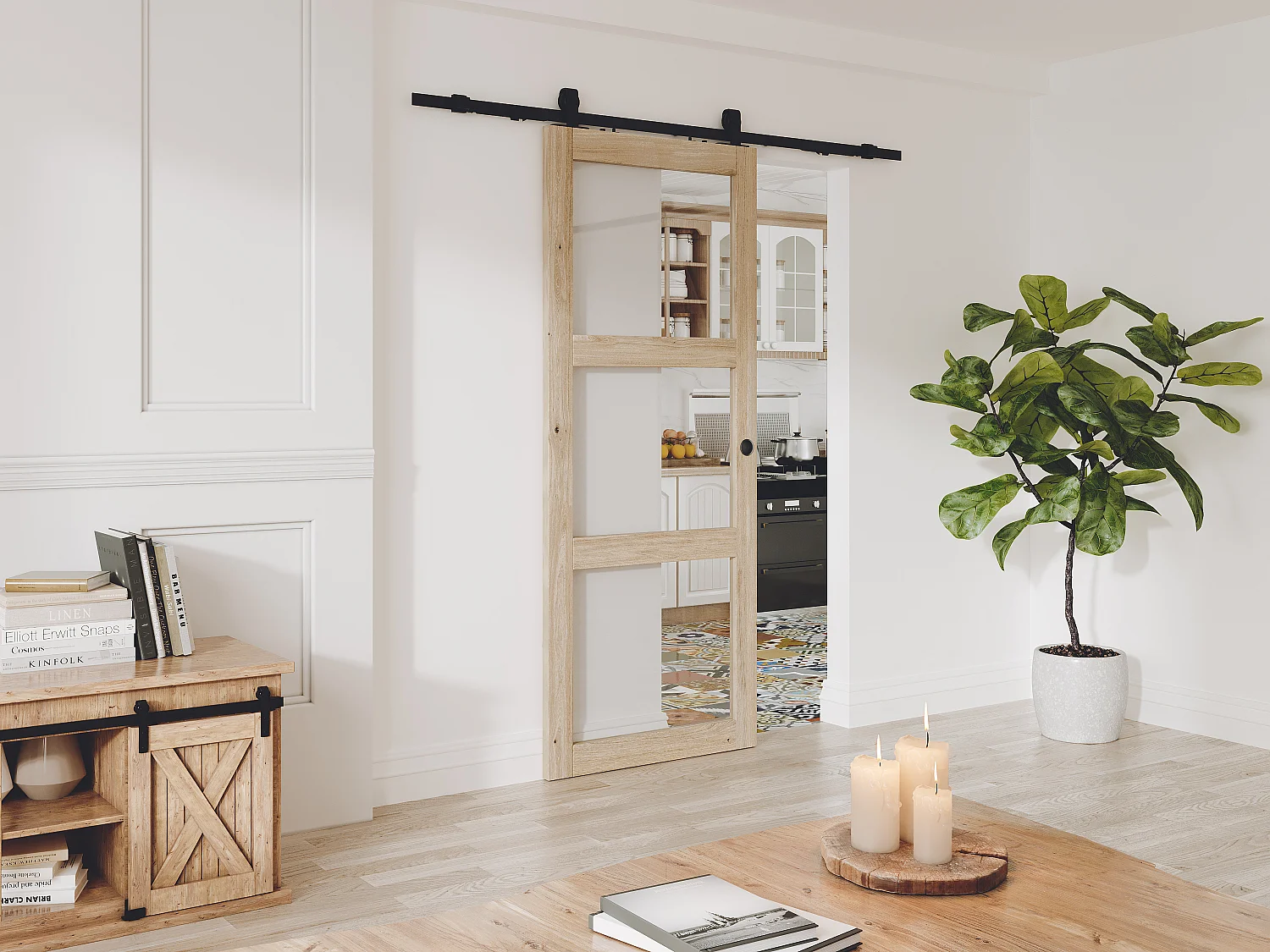 Porte coulissante avec système en applique en bois et verre trempé - 3 fenêtres - H205 x L83 cm - ACOSTA II