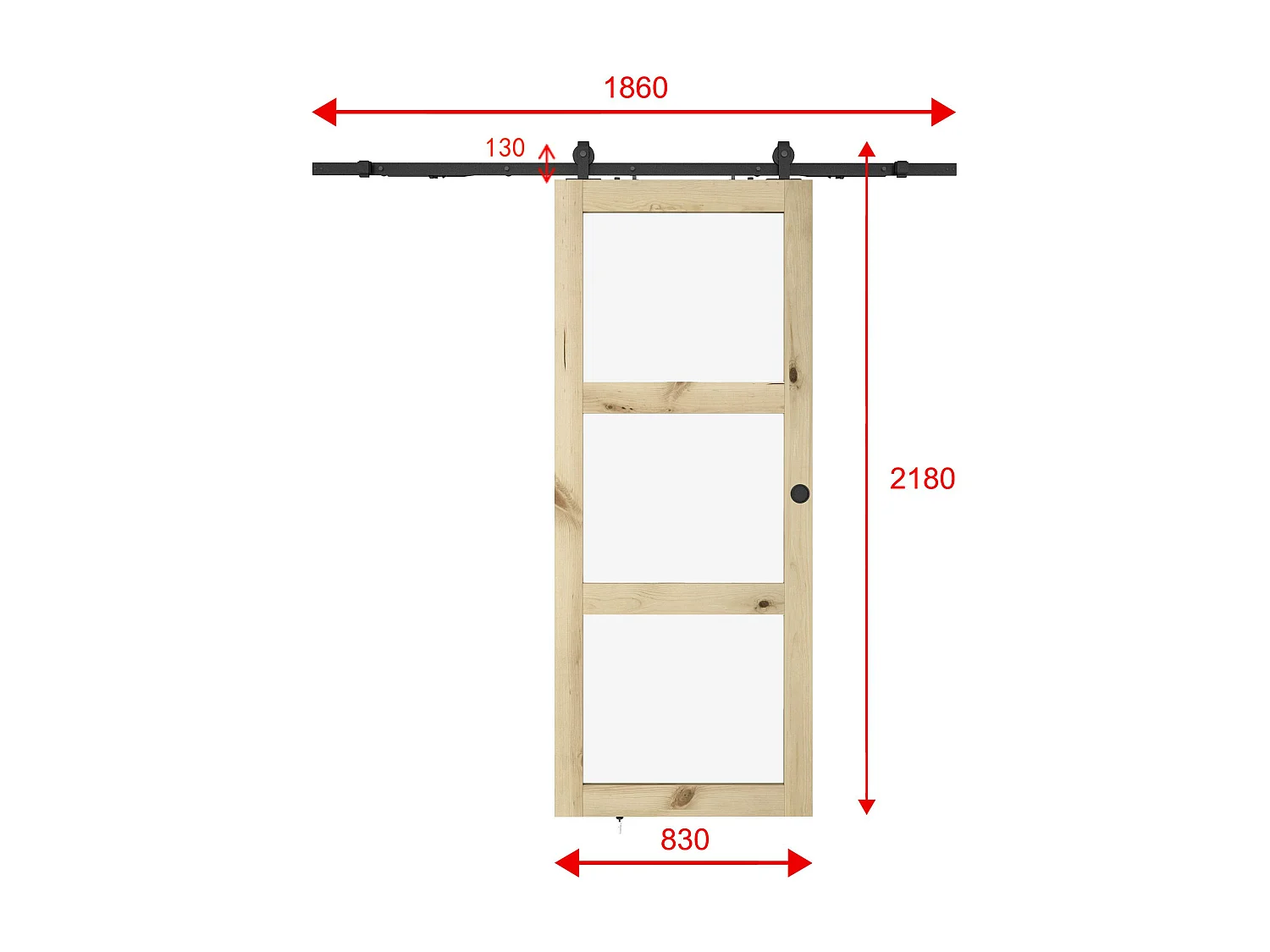 Porte coulissante avec système en applique en bois et verre trempé - 3 fenêtres - H205 x L83 cm - ACOSTA II