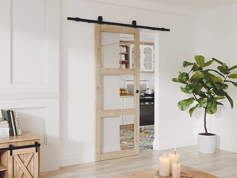 Puerta corredera vista de madera y cristal templado - 3 ventanas - Alt. 205 x L83 cm - ACOSTA II