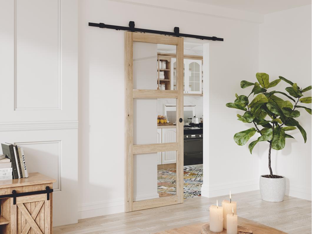 Schiebetür mit Laufschienensystem mit 3 Fenstern - 205 x 83 cm - Holz - Sicherheitsglas - ACOSTA II