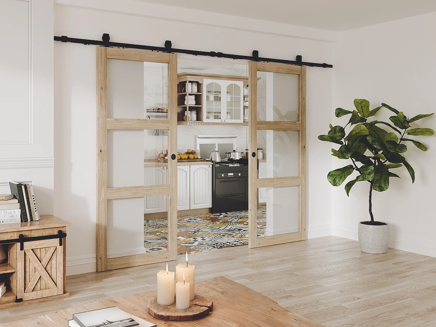 Porte coulissante double avec système en applique en bois et verre trempé - 3 fenêtres - 2 x H205 x L73 cm - ACOSTA II