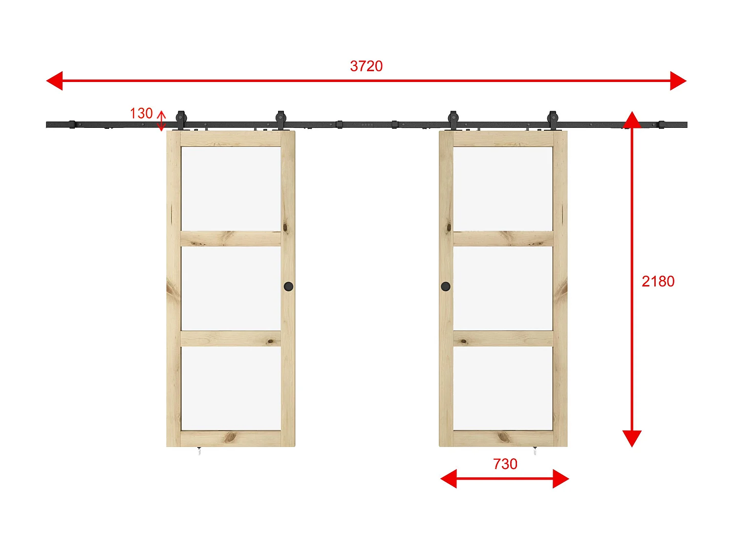 Dubbele schuifdeur met wandbevestiging in hout en gehard glas - 3 vensters - 2 x H205 x L73 cm - ACOSTA II