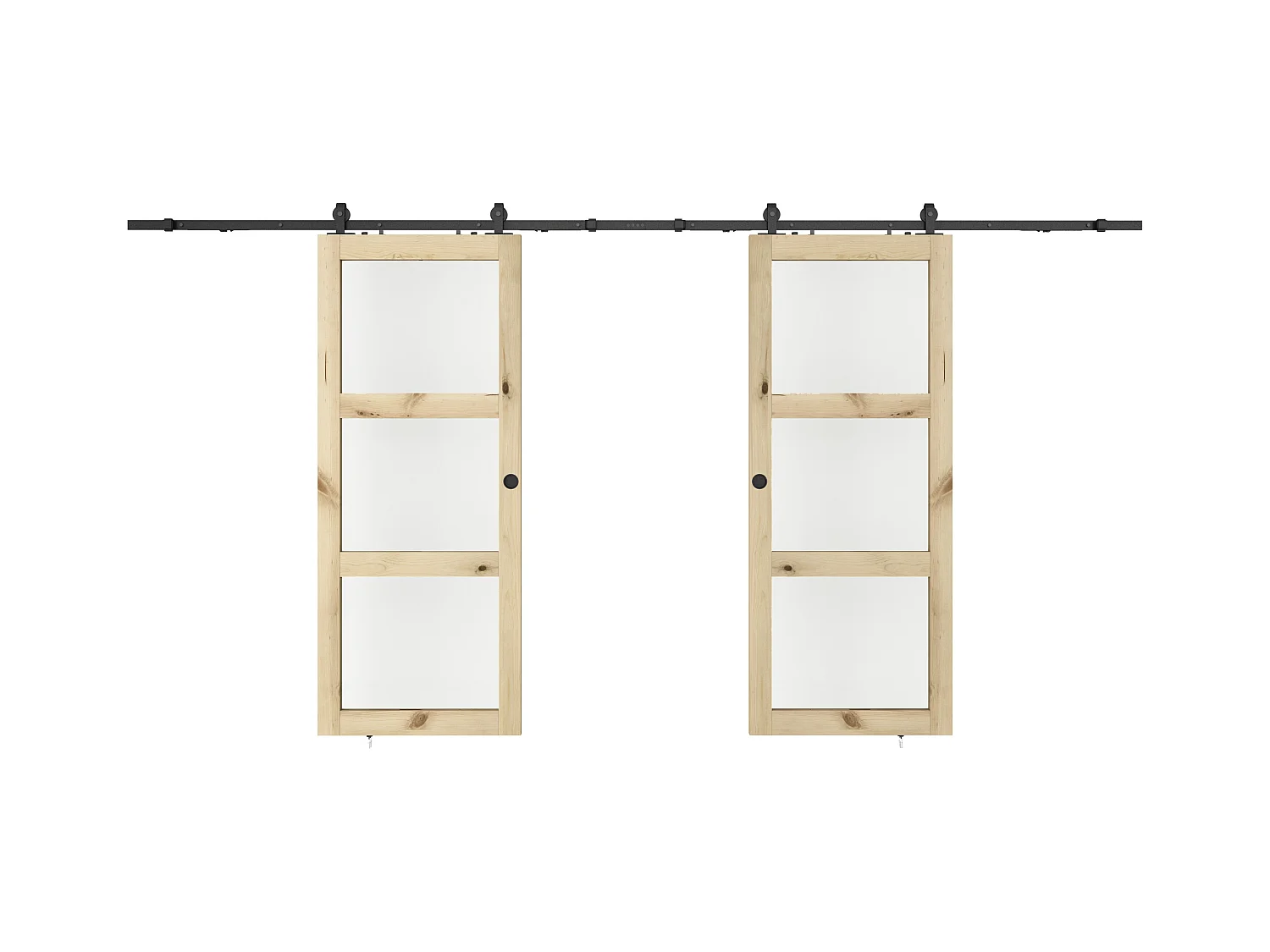Porte coulissante double avec système en applique en bois et verre trempé - 3 fenêtres - 2 x H205 x L83 cm - ACOSTA II