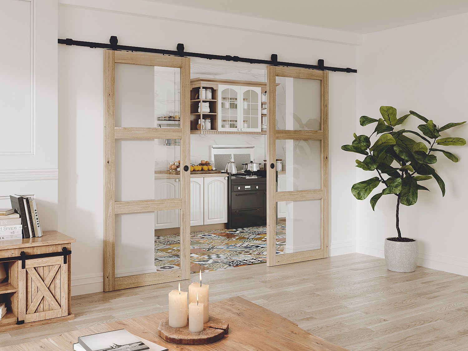 Dubbel skjutdörr med väggmonterat system i trä och härdat glas - 3 fönster - 2 x H205 x L83 cm - ACOSTA II