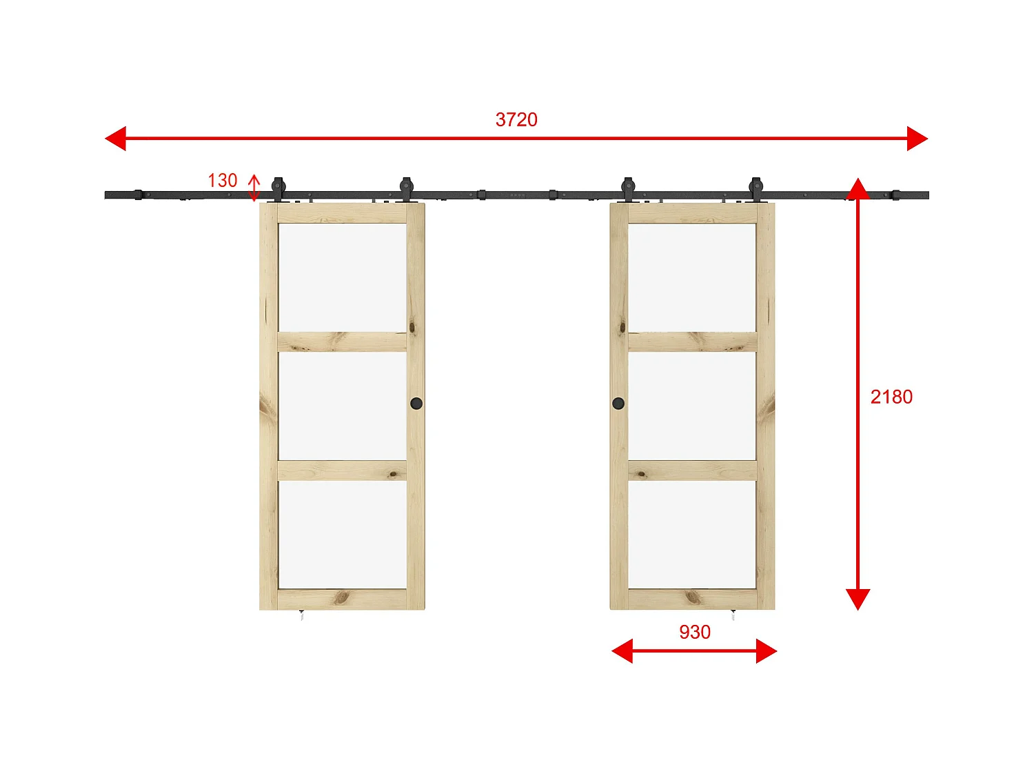 Dubbele schuifdeur met wandbevestiging in hout en gehard glas - 3 vensters - 2 x H205 x L93 cm - ACOSTA II