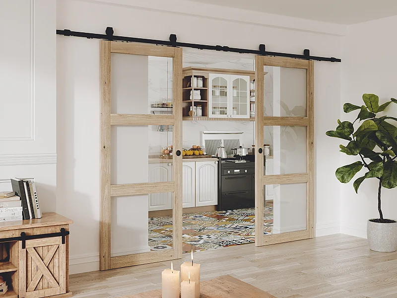 Puerta corredera doble vista de madera y vidrio templado - 3 ventanas - 2 x Alt. 205 x L93 cm - ACOSTA II