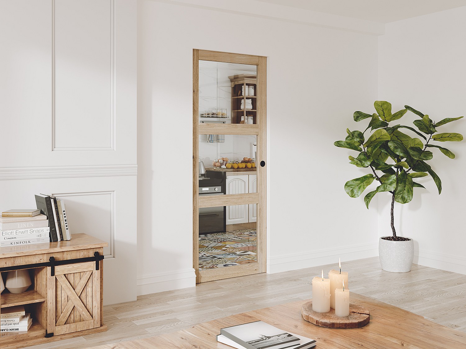 Vente-unique Schiebetür Mit Galandage-System Mit 3 Fenstern - 205 X 63 Cm - Holz - Sicherheitsglas - Acosta Ii
