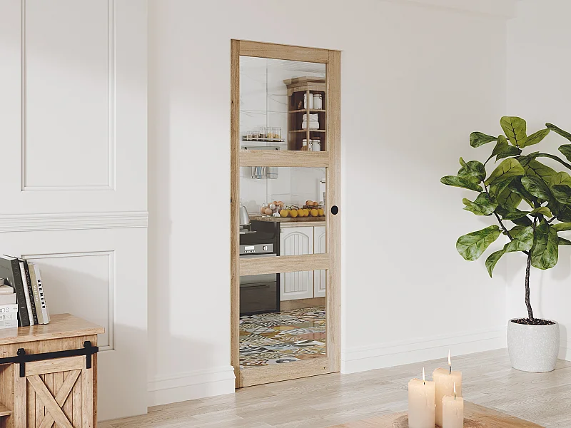 Puerta corredera empotrada en madera y vidrio templado - 3 ventanas - Alt. 205 x L73 cm - ACOSTA II