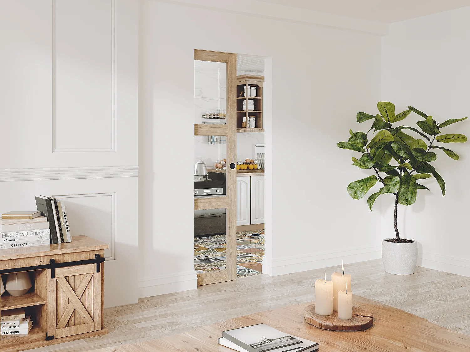 Schuifdeur met klamplaagsysteem in hout en gehard glas - 3 vensters - H205 x L73 cm - ACOSTA II