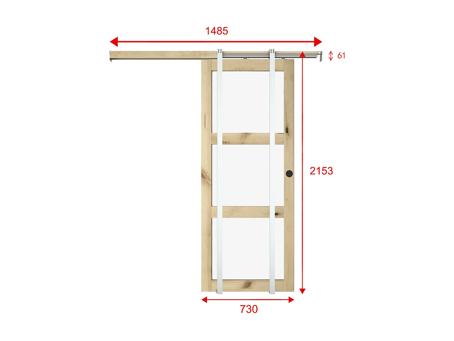 Schuifdeur met klamplaagsysteem in hout en gehard glas - 3 vensters - H205 x L73 cm - ACOSTA II