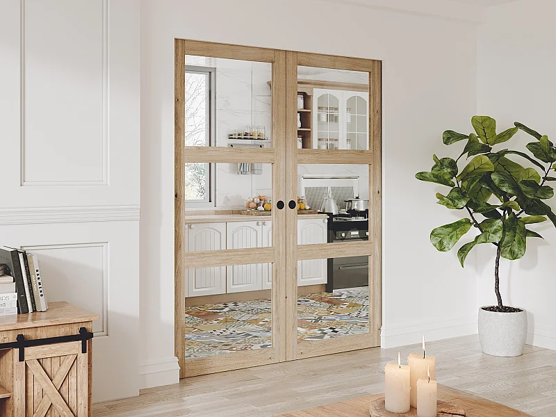 Doppel-Schiebetür mit Galandage-System mit 3 Fenstern - 2 x 205 x 63 cm - Holz - Sicherheitsglas - ACOSTA II