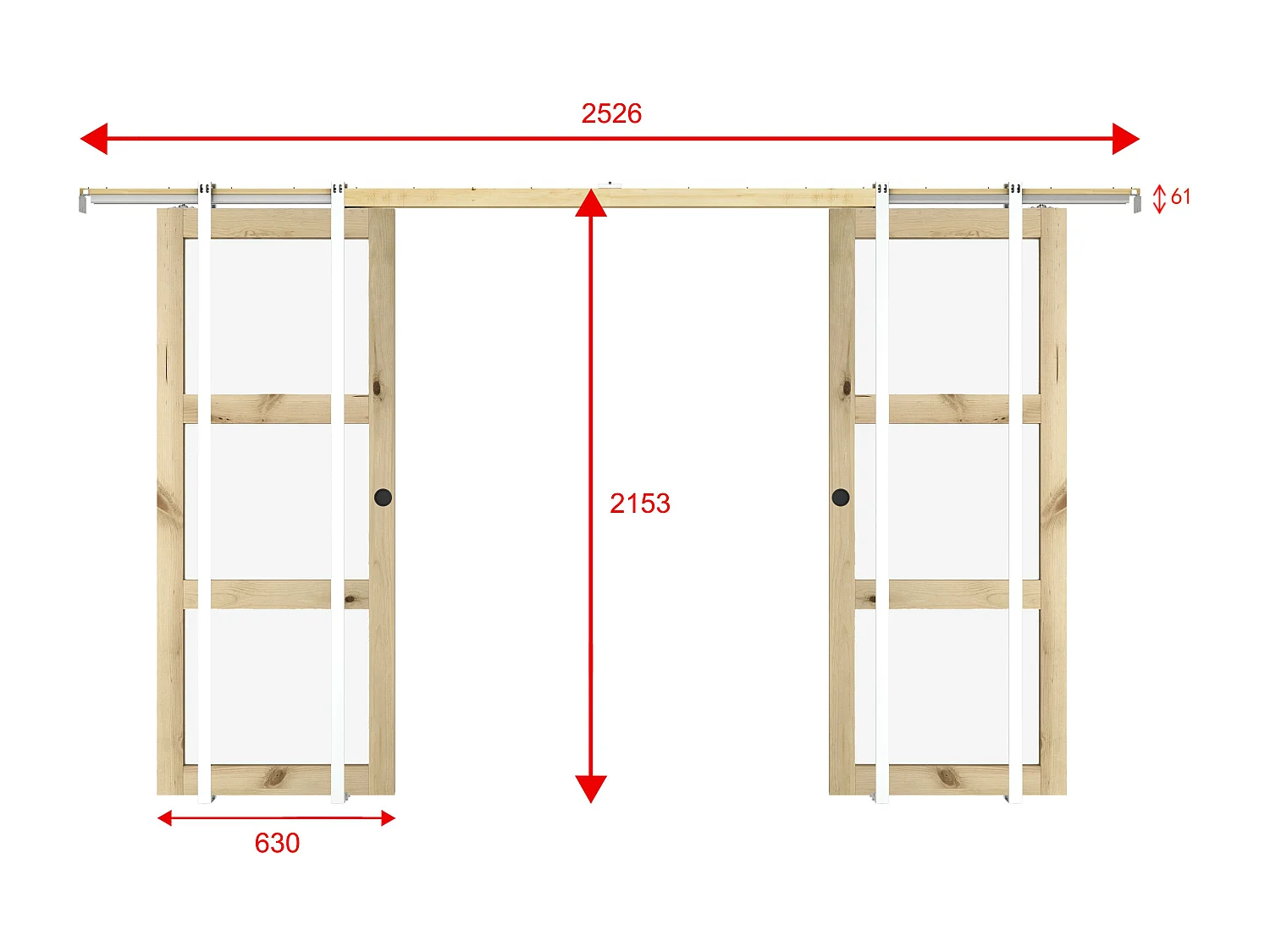 Puerta corredera doble empotrada en madera y vidrio templado - 3 ventanas - 2 x Alt. 205 x L63 cm - ACOSTA II