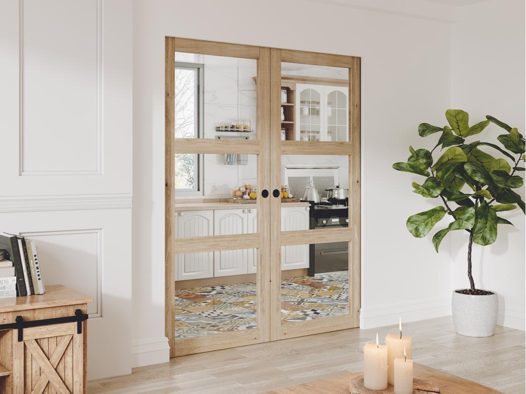 Puerta corredera doble empotrada en madera y vidrio templado - 3 ventanas - 2 x Alt. 205 x L63 cm - ACOSTA II