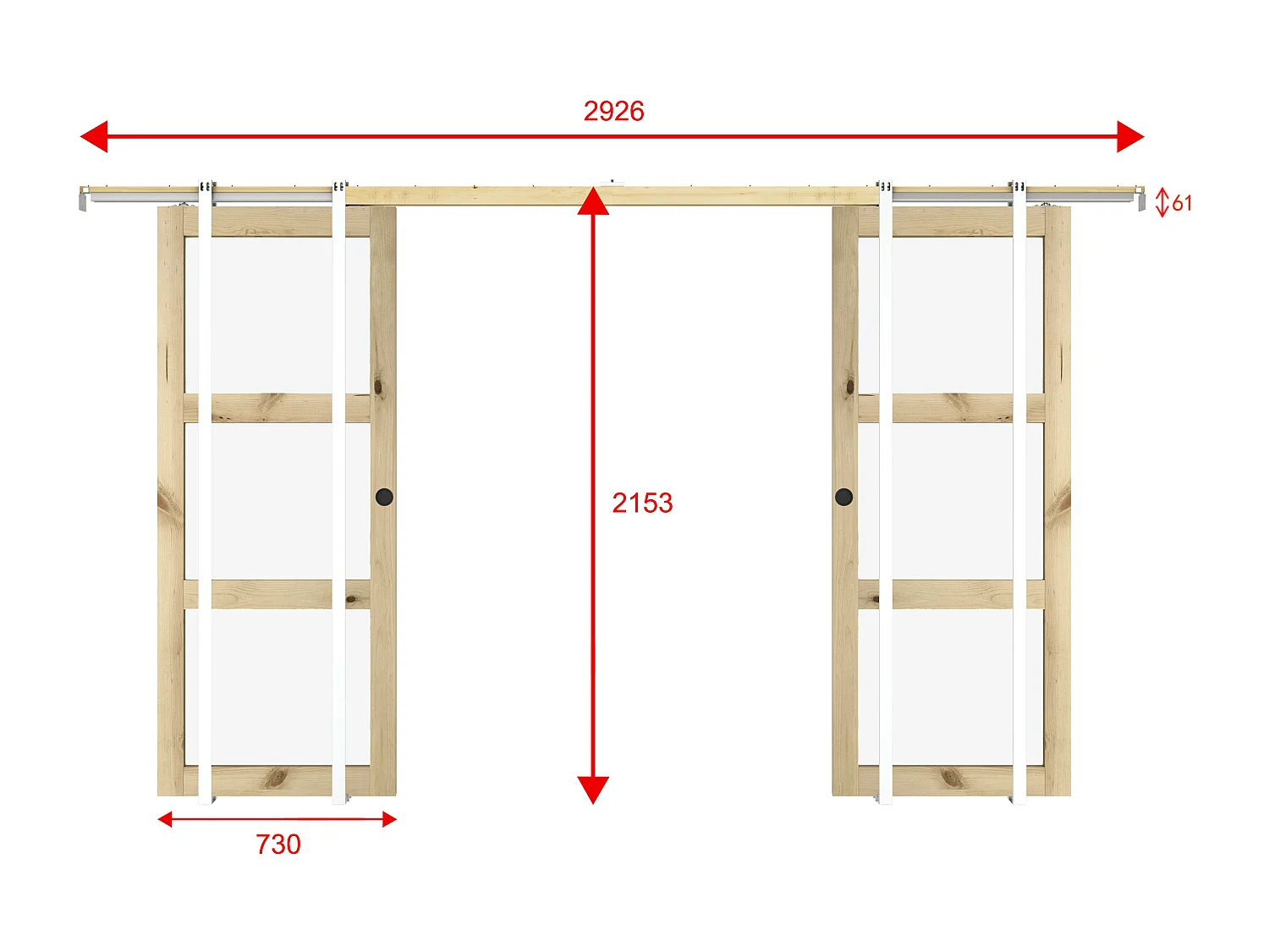 Doppel-Schiebetür mit Galandage-System mit 3 Fenstern - 2 x 205 x 73 cm - Holz - Sicherheitsglas - ACOSTA II