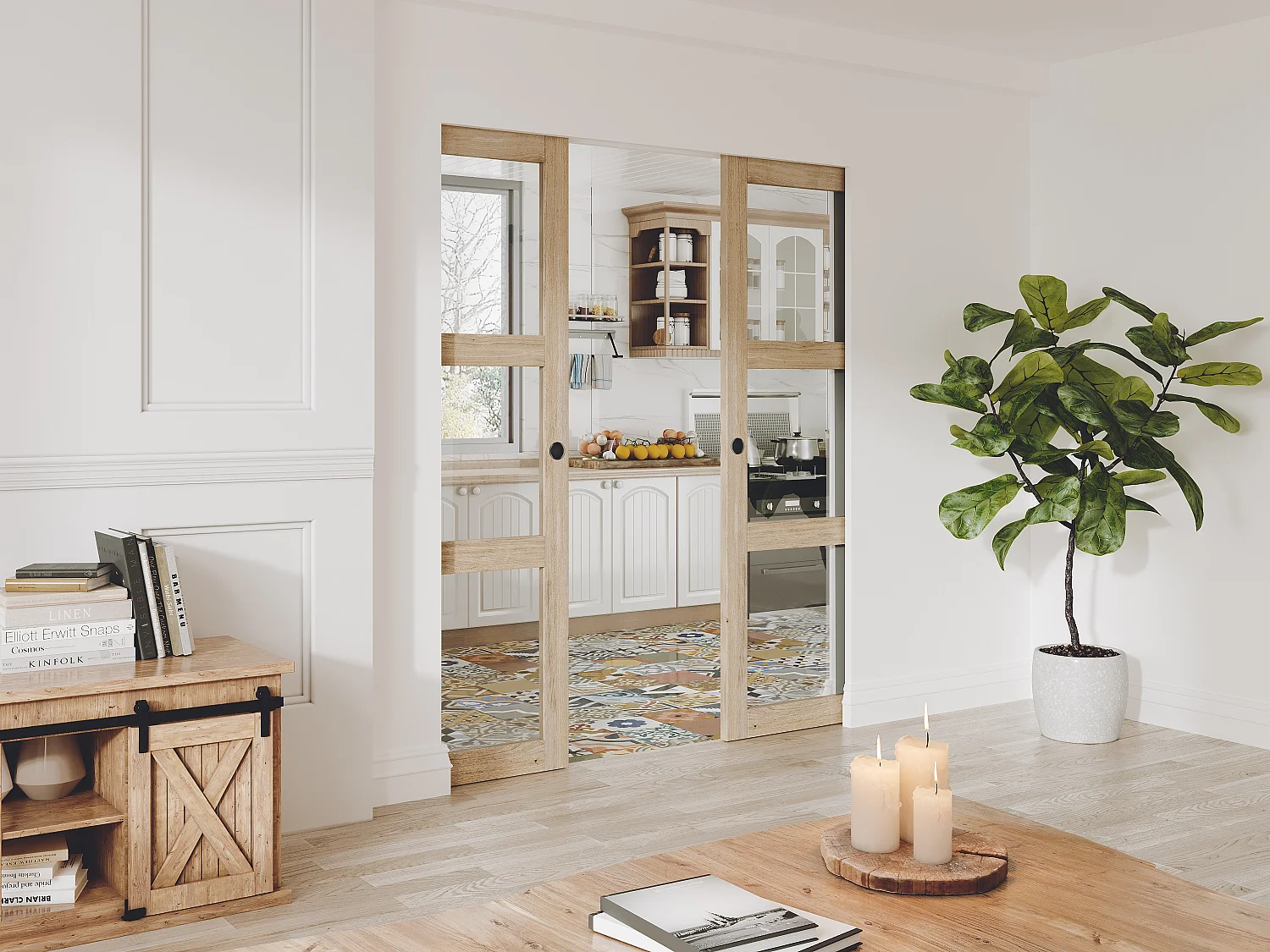 Dubbele schuifdeur met klamplaagsysteem in hout en gehard glas - 3 vensters - 2 x H205 x L83 cm - ACOSTA II