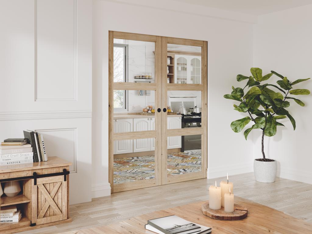 Porte coulissante double avec système à galandage en bois et verre trempé - 3 fenêtres - 2 x H205 x L93 cm - ACOSTA II