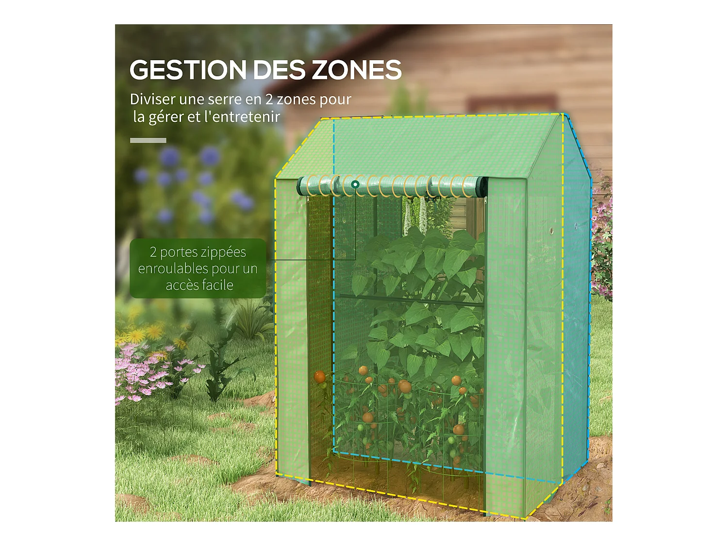 Serre de jardin avec 2 espaces et 2 portes enroulables - 0,8 m² Serre à tomates dim. 1L x 0,8l x 1,5H m, Acier et PE haute densité