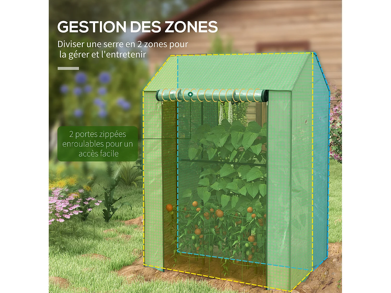 Serre de jardin avec 2 espaces et 2 portes enroulables - 0,8 m² Serre à tomates dim. 1L x 0,8l x 1,5H m, Acier et PE haute densité